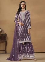 Faux Georgette Purple Wedding Wear Embroidery Work Sharara Suit